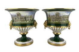 Pair of Royal Worcester limited edition campana shaped urns in commemoration of the 1988 restoration