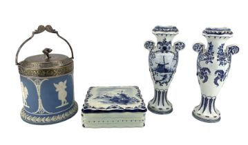 Pair of twin-handled Delft vases and square box and cover