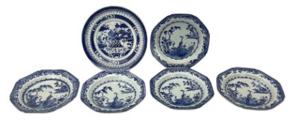 Set of five late 18th century Chinese blue and white export porcelain soup plates