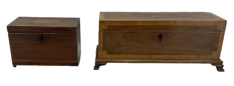 Early19th century mahogany tea caddy with inlaid oval panel on bun feet W20cm and a mahogany box