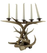 Antlers / Horns: Stag Antler mounted candelabra with five copper sconces and candles