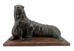 Large 20th century cast bronze model of a walrus and pup