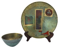 Tony Laverick (Born 1961) - Circular shallow bowl painted with three geometric panels on a shaded lu