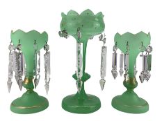 Pair of early 20th century green glass lustres and another taller example