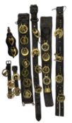 Quantity of leather horse tack including head collar and martingales etc hung with various brasses