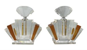 Pair of large Art Deco style amber flashed and clear glass scent bottles