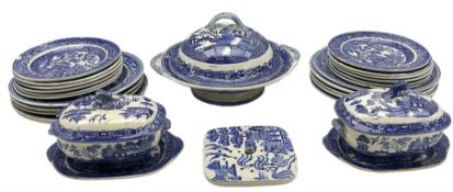 Quantity of 19th century blue and white willow pattern earthenware including ten dinner plates