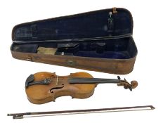 Violin with two piece back and scroll neck with bow in case