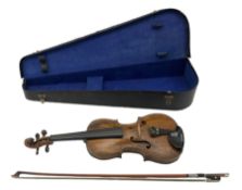 Violin with two piece back and scroll neck and bow by P&H London in case