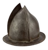 16th century design iron Cabasset pot helmet with comb and rope twist rim H23cm