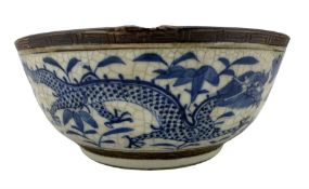 Chinese blue and white crackle glazed bowl with bronze glazed borders