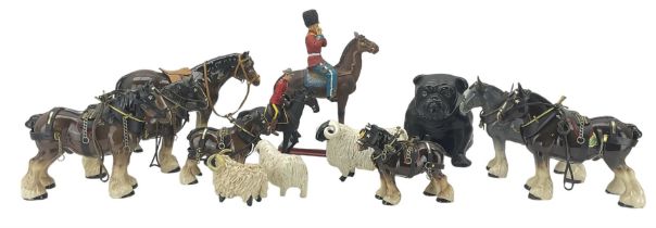 Six pottery cart horses and other animal ornaments