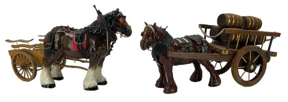 Pottery horse and dray cart and another horse and cart