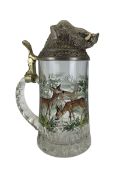 West German glass beer stein by BMF with boar cover