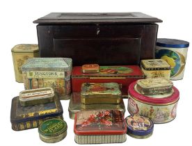 Oak box and contents of vintage tins