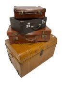 20th century scumbled tin trunk (W75cm); and three vintage suitcases