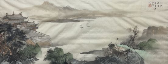 Chinese School (19th/20th century): Traditional Scene with Figure in Meditation Looking over Mountai