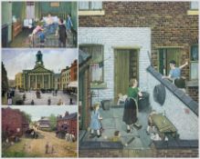 Tom Dodson (British 1910-1991): 'The Smithy' 'The Backyard' 'The New Baby' and 'The Old Town Hall'