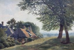 Will Pre (British Early 20th century): Figures by a Thatched Country Cottage
