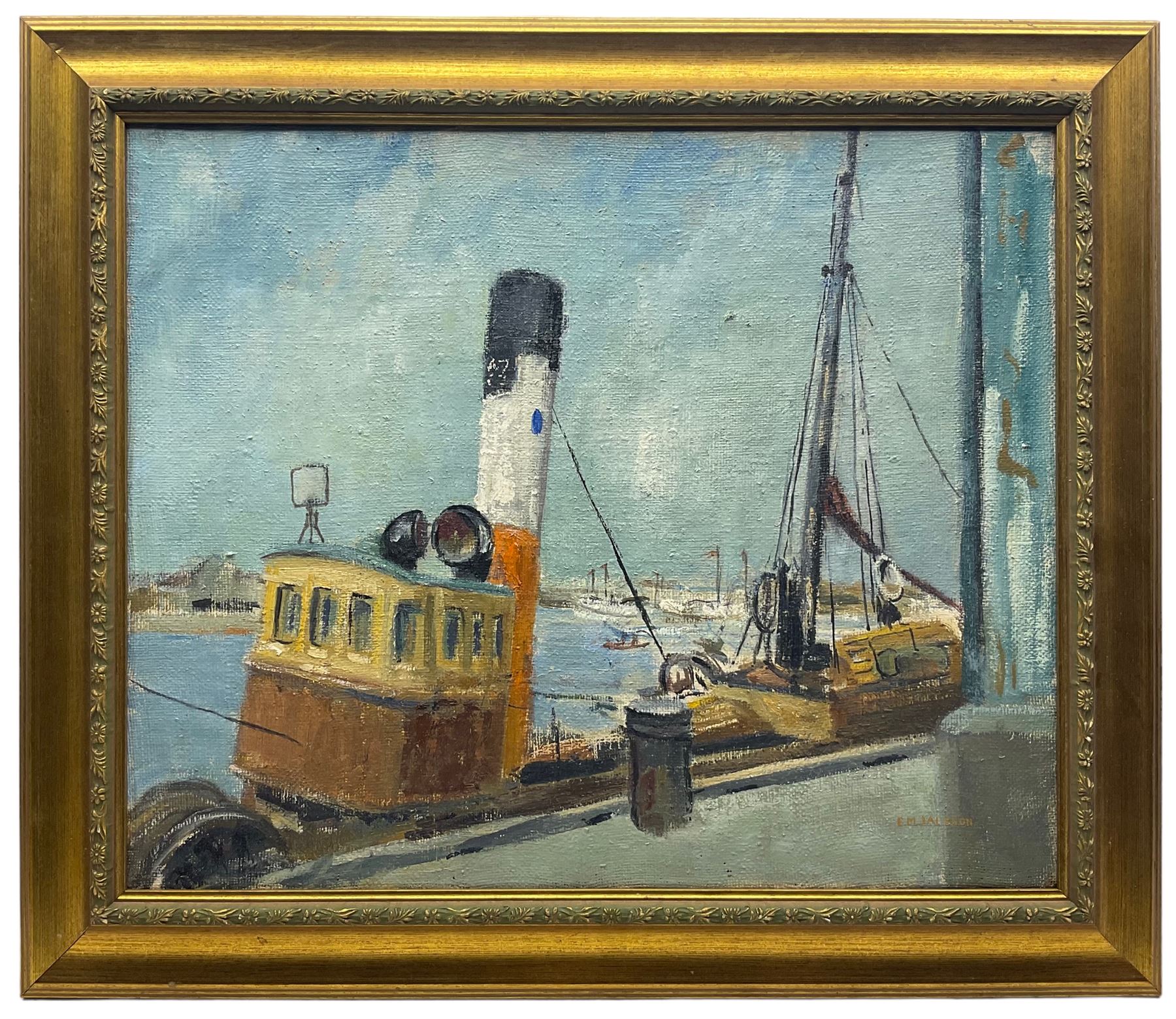 EM Jackson (British mid-20th century): Harbour Scene with Moored Boats - Image 2 of 3
