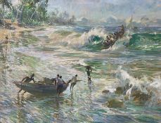 Guy Huzé (New Zealand 1912-1997): 'Ghana' Coast Scene with Figures and Boats