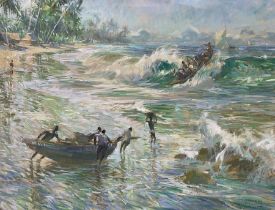 Guy Huzé (New Zealand 1912-1997): 'Ghana' Coast Scene with Figures and Boats