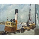 EM Jackson (British mid-20th century): Harbour Scene with Moored Boats