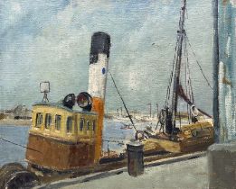 EM Jackson (British mid-20th century): Harbour Scene with Moored Boats