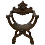 19th century carved walnut X-framed throne or Savonarola chair