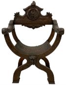 19th century carved walnut X-framed throne or Savonarola chair