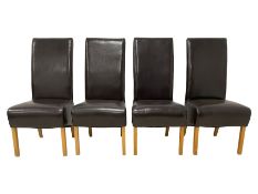 Set four high back dining chairs upholstered in brown leather