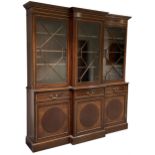 Edwardian Revival inlaid mahogany breakfront bookcase on cupboard