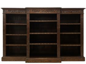 Carolean Revival - Victorian carved oak open breakfront bookcase