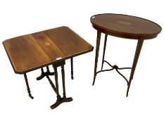 Edwardian inlaid mahogany drop-leaf Sutherland table (W55cm); and an Edwardian inlaid mahogany oval