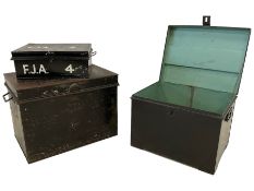 Three blank painted metal deed boxes