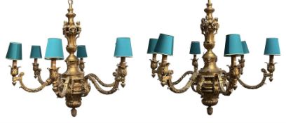 Pair of Louis XVI design ornate gilt chandeliers