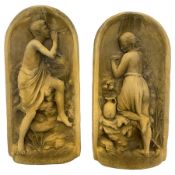Pair of Classical design cast stone arched relief wall plaques or panels