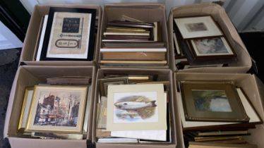 Six boxes of assorted pictures to include original watercolours and oils