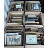 Six boxes of assorted pictures to include original watercolours and oils