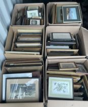 Six boxes of assorted pictures to include original watercolours and oils