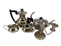 Silver-plated tea set and candelabra in one box
