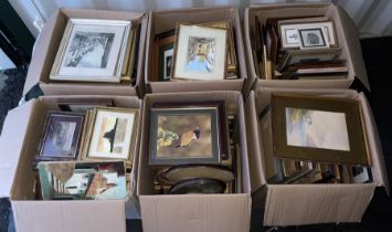 Six boxes of assorted pictures to include original watercolours and oils