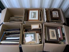 Six boxes of assorted pictures to include original watercolours and oils