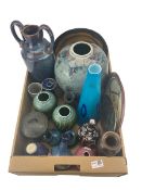 Collection of studio pottery and glassware in one box