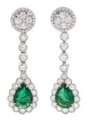 Pair of 18ct white gold pear cut emerald and round brilliant cut diamond pendant stud earrings