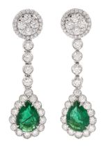 Pair of 18ct white gold pear cut emerald and round brilliant cut diamond pendant stud earrings