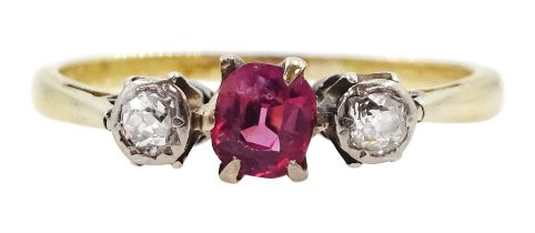 Early 20th century 18ct gold three stone pink topaz and old cut diamond ring