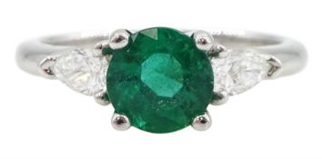 18ct white gold three stone round emerald and pear shaped diamond ring