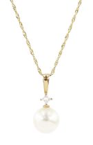 14ct gold cultured white pearl and princess cut diamond pendant necklace