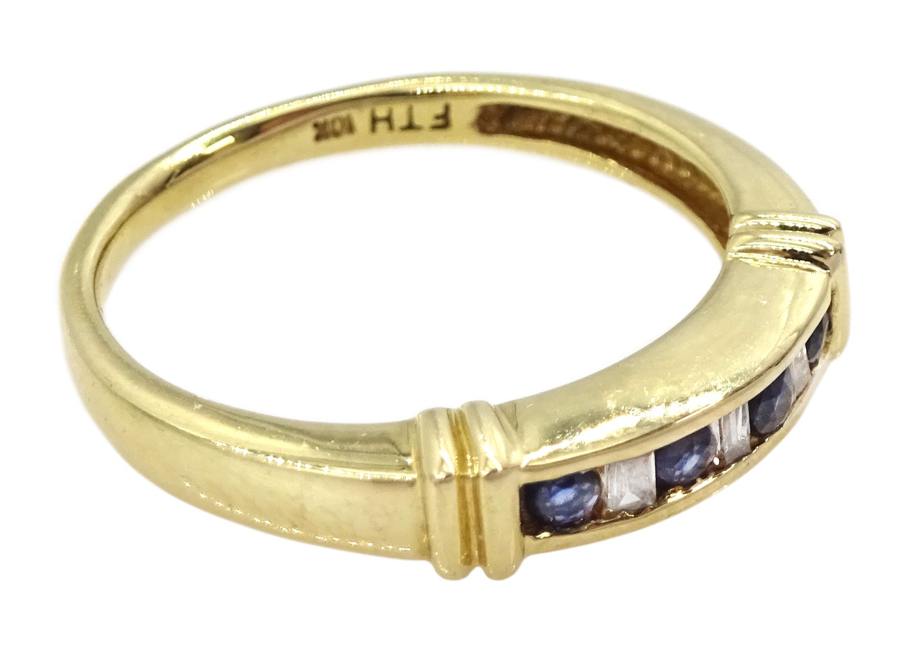 10ct gold channel set round sapphire and baguette cut diamond ring - Image 3 of 4